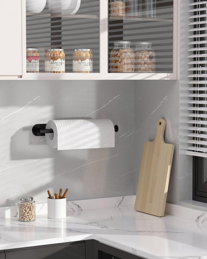 Thickened Steel Paper Towel Holders Under Cabinet for Kitchen, Bathroom, SUS304 Stainless Steel Pipe Hanging Paper Towel Rack Wall Mount, Self-Adhesive and Screws, Black