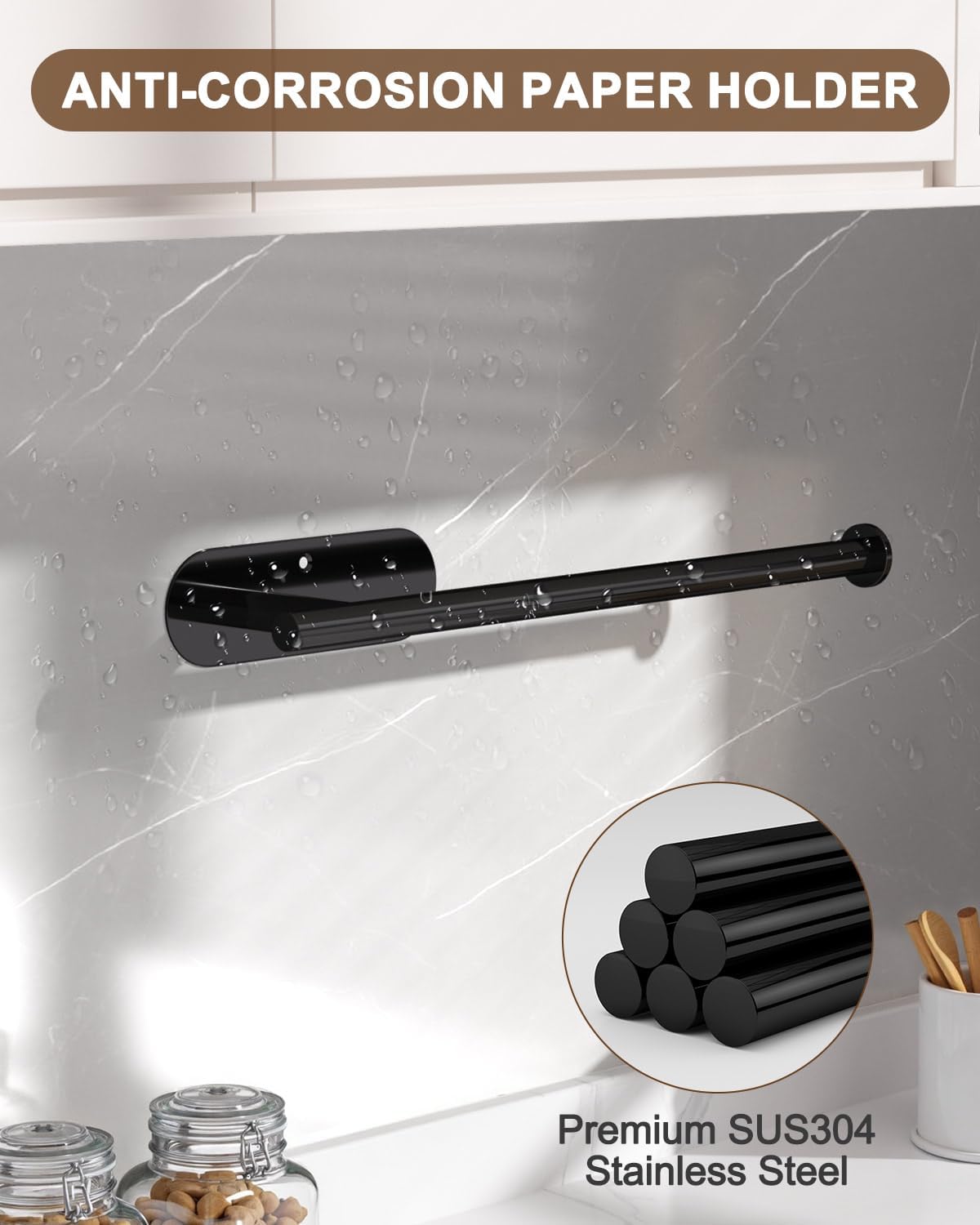 Thickened Steel Paper Towel Holders Under Cabinet for Kitchen, Bathroom, SUS304 Stainless Steel Pipe Hanging Paper Towel Rack Wall Mount, Self-Adhesive and Screws, Black