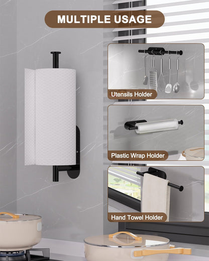 Thickened Steel Paper Towel Holders Under Cabinet for Kitchen, Bathroom, SUS304 Stainless Steel Pipe Hanging Paper Towel Rack Wall Mount, Self-Adhesive and Screws, Black