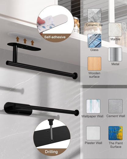 Thickened Steel Paper Towel Holders Under Cabinet for Kitchen, Bathroom, SUS304 Stainless Steel Pipe Hanging Paper Towel Rack Wall Mount, Self-Adhesive and Screws, Black