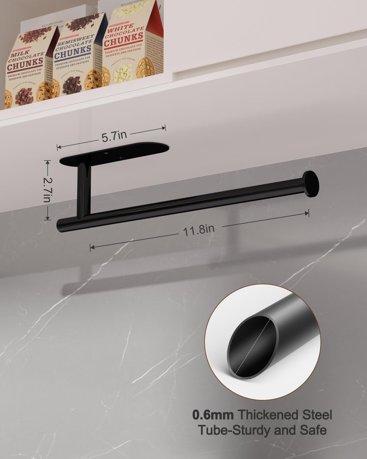 Thickened Steel Paper Towel Holders Under Cabinet for Kitchen, Bathroom, SUS304 Stainless Steel Pipe Hanging Paper Towel Rack Wall Mount, Self-Adhesive and Screws, Black