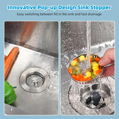2 Pack All Metal Stainless Steel 3 in 1 Kitchen Sink Drain Strainer, Upgraded Anti-Rust Sink Stop Combo, Anti-Clogging Stainless Steel Basket with Metal Handle for US Standard 3-1/2" Drain