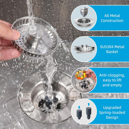 2 Pack All Metal Stainless Steel 3 in 1 Kitchen Sink Drain Strainer, Upgraded Anti-Rust Sink Stop Combo, Anti-Clogging Stainless Steel Basket with Metal Handle for US Standard 3-1/2" Drain