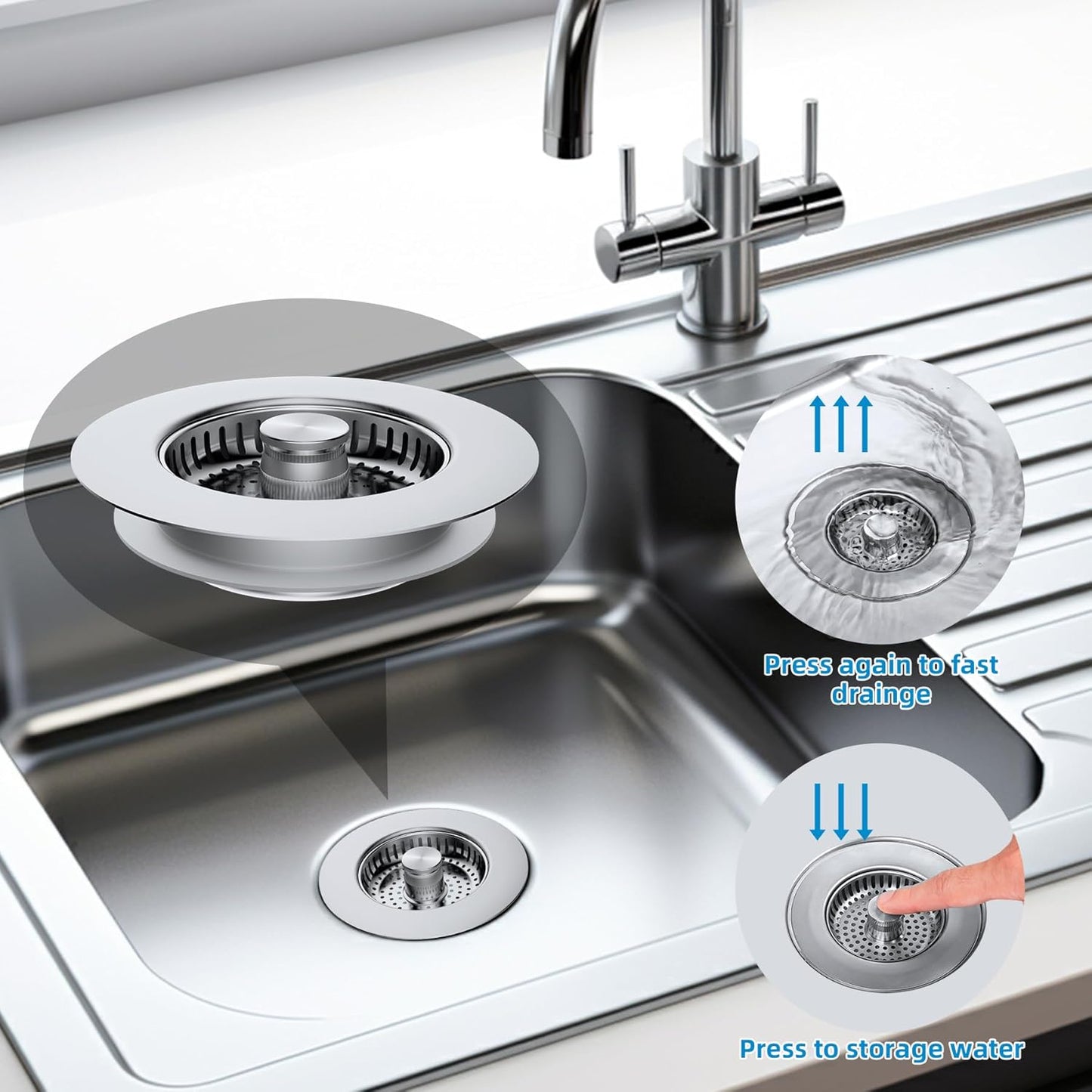 2 Pack All Metal Stainless Steel 3 in 1 Kitchen Sink Drain Strainer, Upgraded Anti-Rust Sink Stop Combo, Anti-Clogging Stainless Steel Basket with Metal Handle for US Standard 3-1/2" Drain