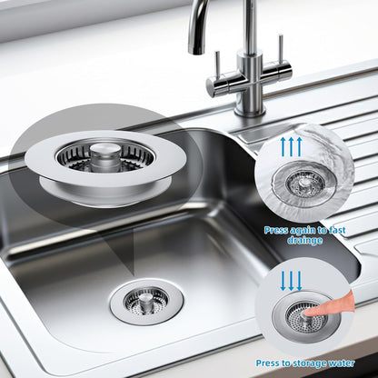 2 Pack All Metal Stainless Steel 3 in 1 Kitchen Sink Drain Strainer, Upgraded Anti-Rust Sink Stop Combo, Anti-Clogging Stainless Steel Basket with Metal Handle for US Standard 3-1/2" Drain
