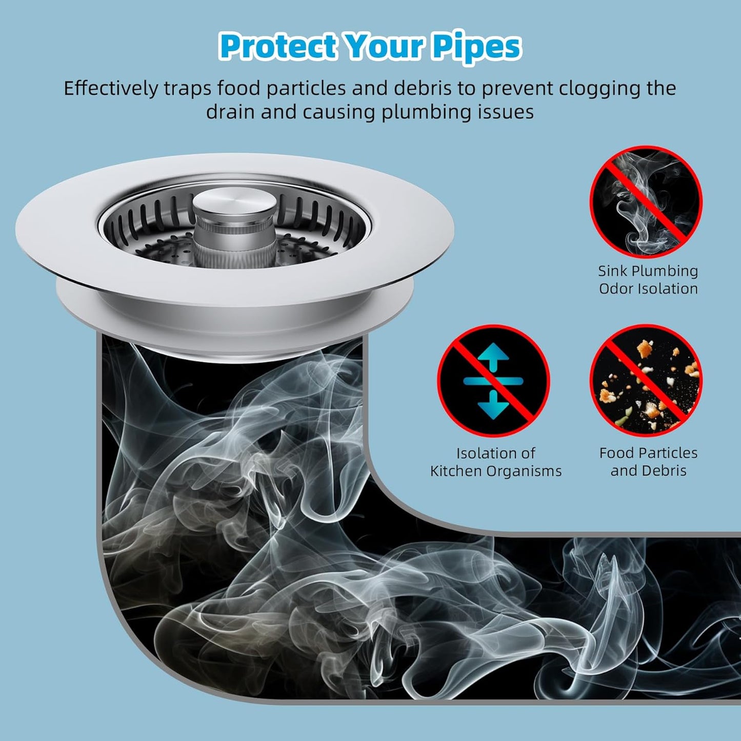 2 Pack All Metal Stainless Steel 3 in 1 Kitchen Sink Drain Strainer, Upgraded Anti-Rust Sink Stop Combo, Anti-Clogging Stainless Steel Basket with Metal Handle for US Standard 3-1/2" Drain