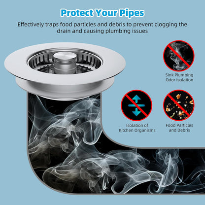 2 Pack All Metal Stainless Steel 3 in 1 Kitchen Sink Drain Strainer, Upgraded Anti-Rust Sink Stop Combo, Anti-Clogging Stainless Steel Basket with Metal Handle for US Standard 3-1/2" Drain