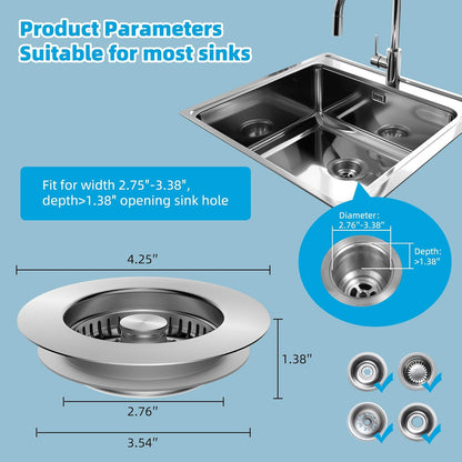 2 Pack All Metal Stainless Steel 3 in 1 Kitchen Sink Drain Strainer, Upgraded Anti-Rust Sink Stop Combo, Anti-Clogging Stainless Steel Basket with Metal Handle for US Standard 3-1/2" Drain