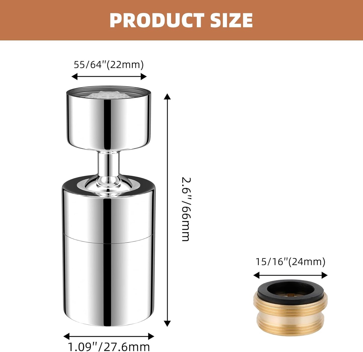 Kitchen Sink Faucet Aerator Solid Brass - Big Angle Swivel Faucet Aerator Dual-Function 2 Sprayer Kitchen Faucet Attachment Swivel Sprayer- 360-Degree Swivel - Polished Chrome/ 1.8GPM