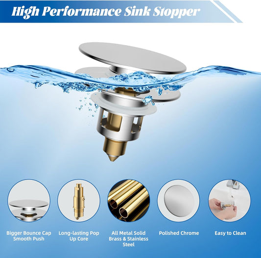 2 Pack All Metal Upgraded Bathroom Sink Stopper, Universal Pop Up Sink Drain Strainer, Brass Bullet Core Push Type Sink Stopper for 1''~2.3''' Basin, Anti Clogging Drain Filter, Chrome