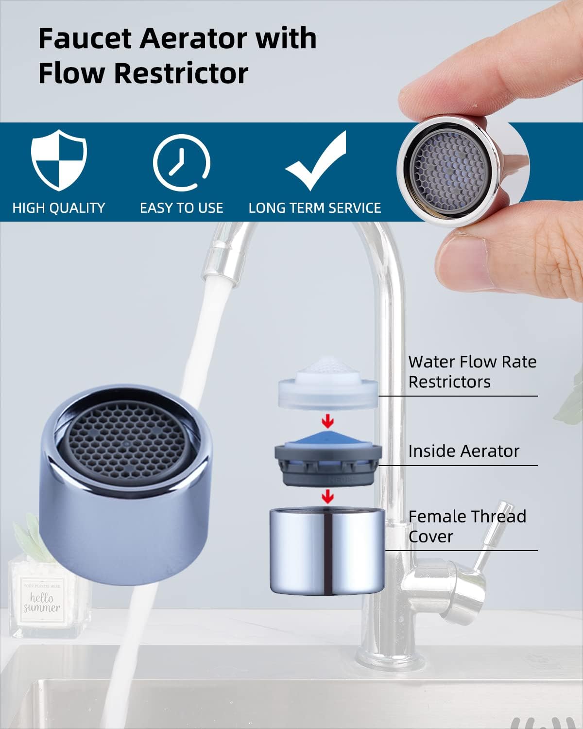 3 Pcs Faucet Aerator, Female Thread Kitchen Sink Aerators, 1.2, 1.5, 1.8, 2.5 GPM Flow Restrictor Replacement Parts, Bathroom, 15/16-Inch 22mm Female Thread-Chrome
