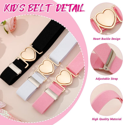 3 Pack Elastic Belts for Toddler Kids Adjustable Boys Girls Teens Stretch Belts with Heart Buckle