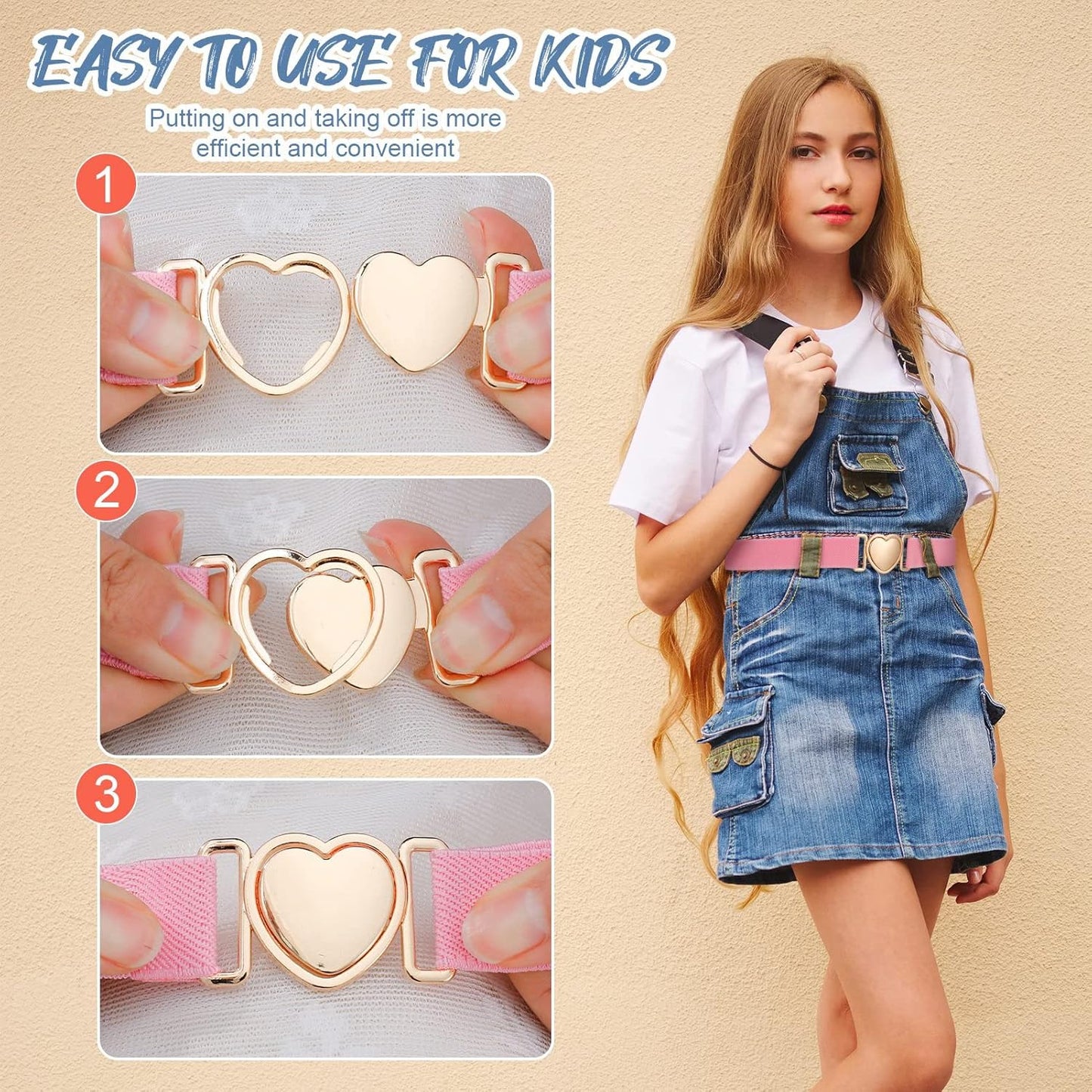 3 Pack Elastic Belts for Toddler Kids Adjustable Boys Girls Teens Stretch Belts with Heart Buckle