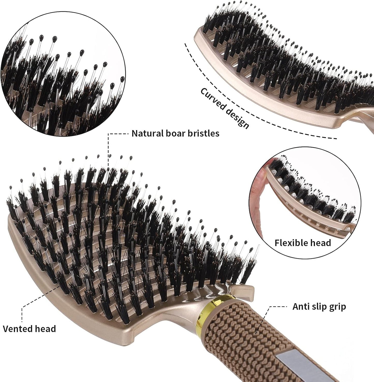 2 Pack Boar Bristle Hair Brush, Curved and Vented Detangling Hair Brush for Women Long, Thick, Thin, Curly & Tangled Hair Vent Brush Paddle Brush
