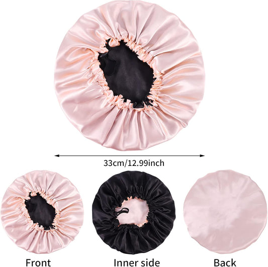 2 Pcs Silk Bonnet Sleep Cap, Adjustable Waterproof Satin Hair Night Cap, Double Layer for Women Girls Black Curly Hair