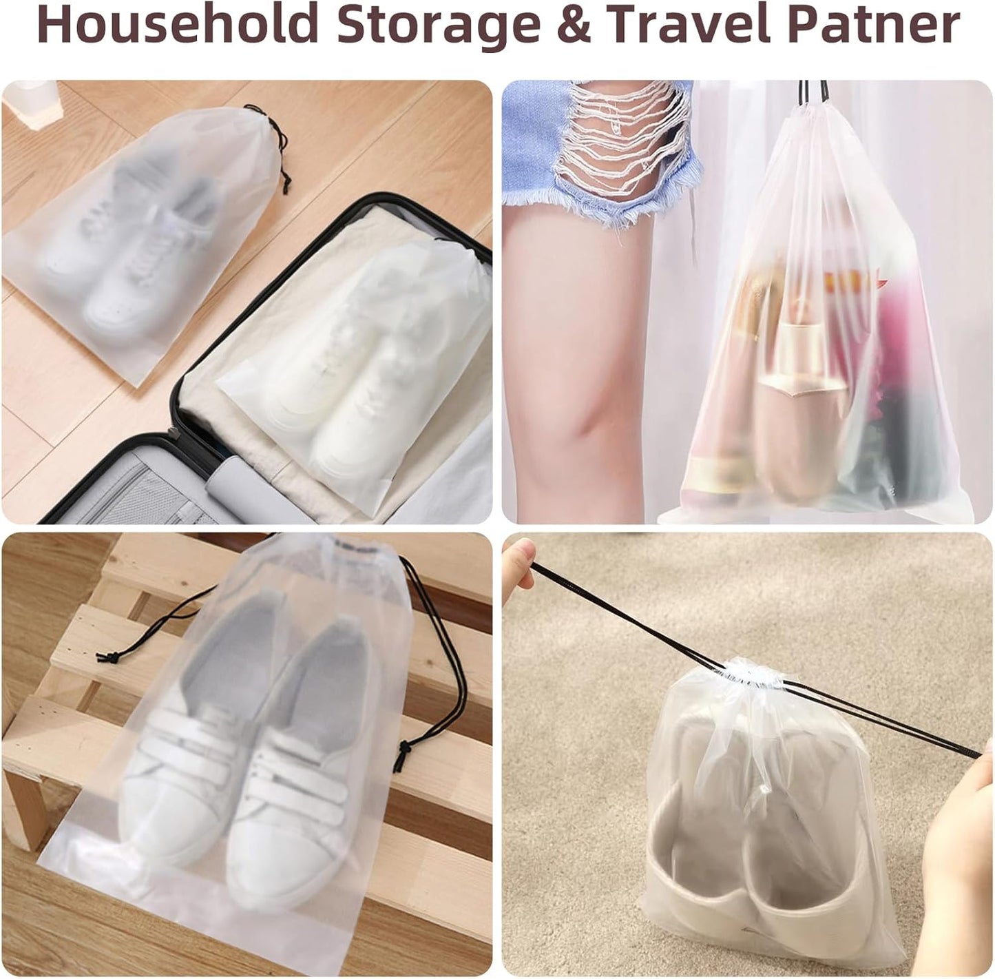 Store 10 Pack Transparent Shoe Bags 40x30 cm for Travel Large Clear Shoes Storage Organizers Pouch with Rope for Men and Women Home Storage Water-Resistant