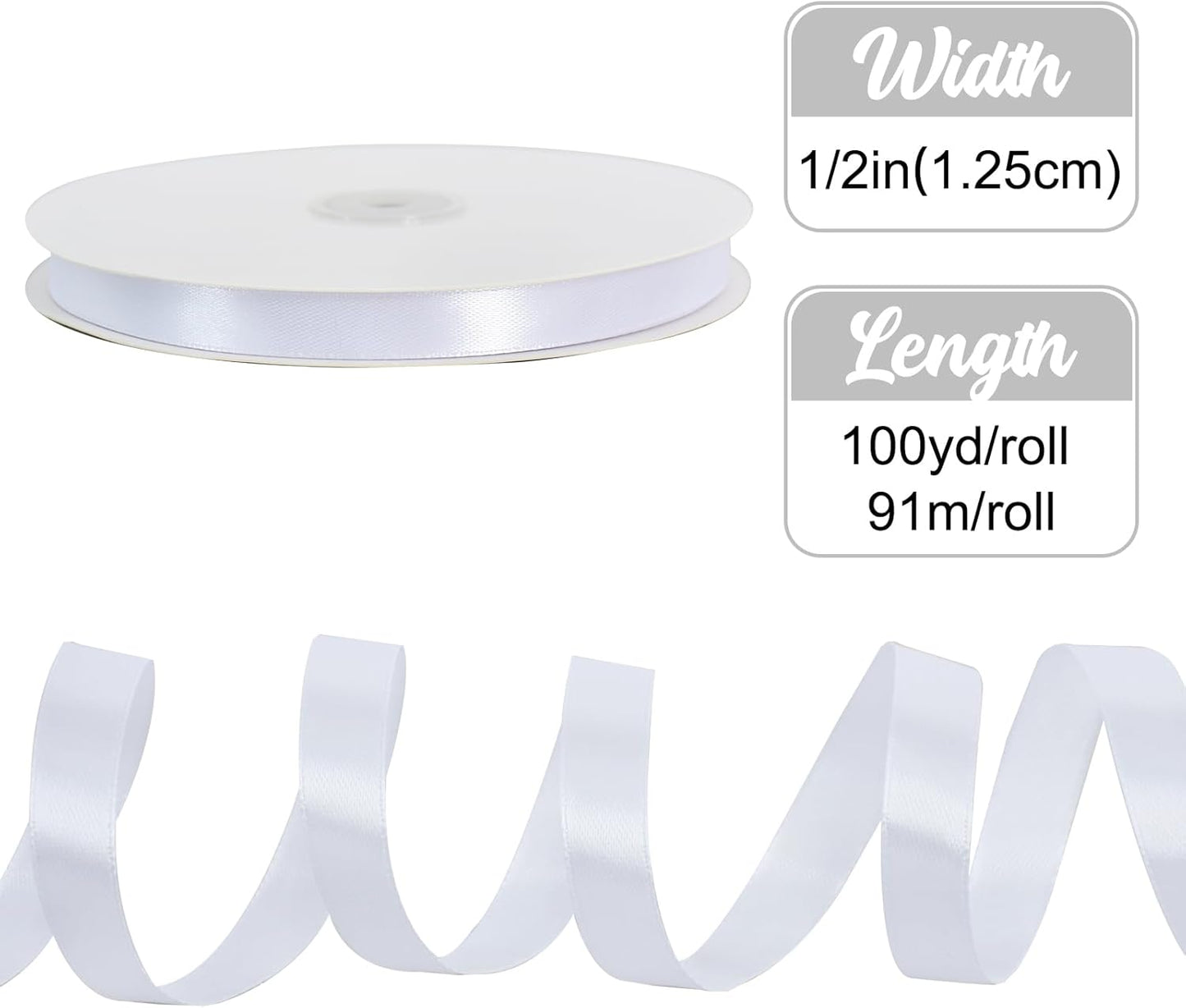 1/2 Inch x 100yds White Satin Ribbon Thin Solid Fabric Ribbons for Invitation Gift Wrapping, Bows Craft Making, Floral Bouquets, Valentine's Day Wedding Party Decoration