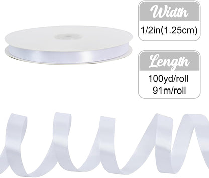 1/2 Inch x 100yds White Satin Ribbon Thin Solid Fabric Ribbons for Invitation Gift Wrapping, Bows Craft Making, Floral Bouquets, Valentine's Day Wedding Party Decoration