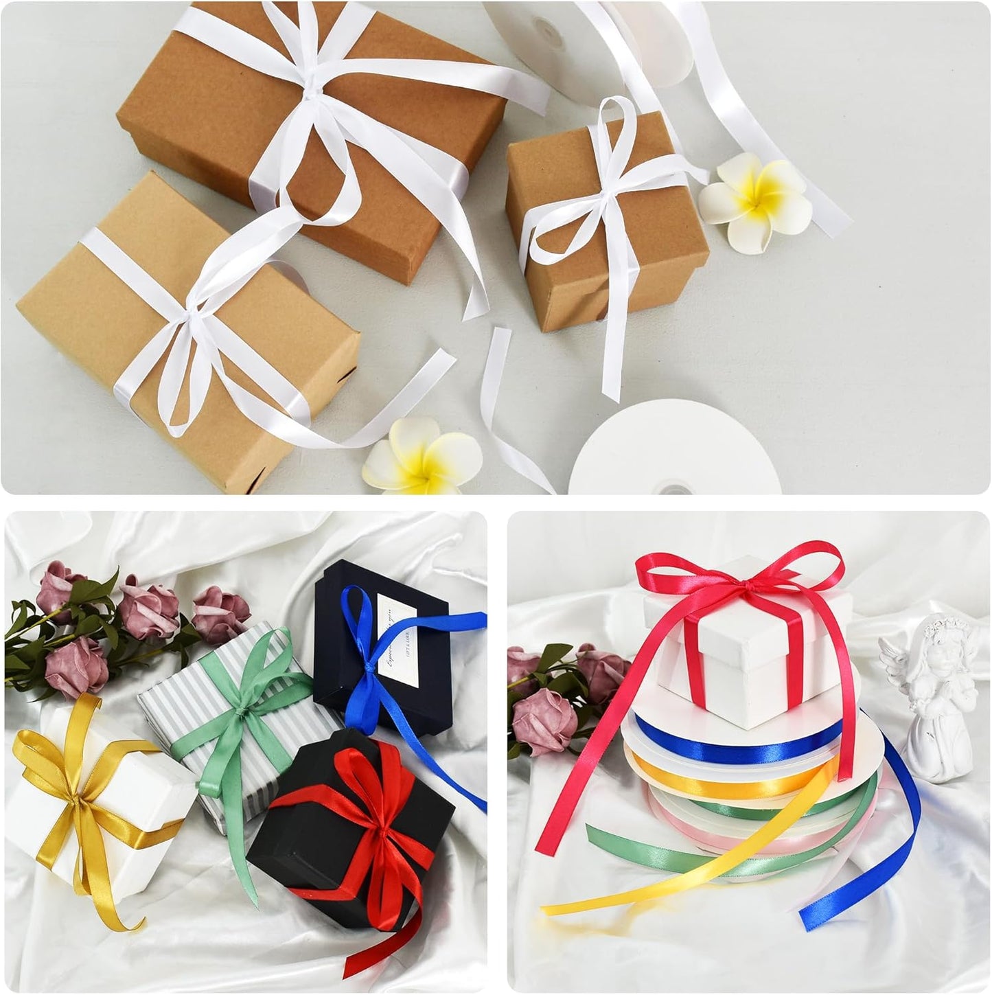 1/2 Inch x 100yds White Satin Ribbon Thin Solid Fabric Ribbons for Invitation Gift Wrapping, Bows Craft Making, Floral Bouquets, Valentine's Day Wedding Party Decoration