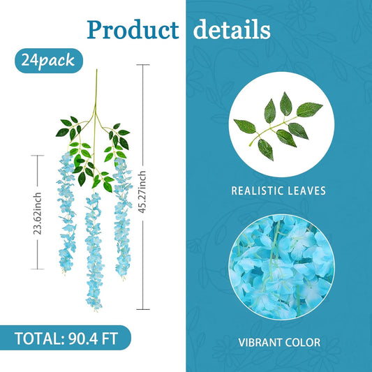 24 Pack Lake Blue Wisteria Hanging Flowers Garland, 3.77 Feet Lake Blue Artificial Wisteria Flower Vines, Fake Lake Blue Wisteria, Lake Blue Flower Vines for Backdrop, Hanging Flower Garland Decor