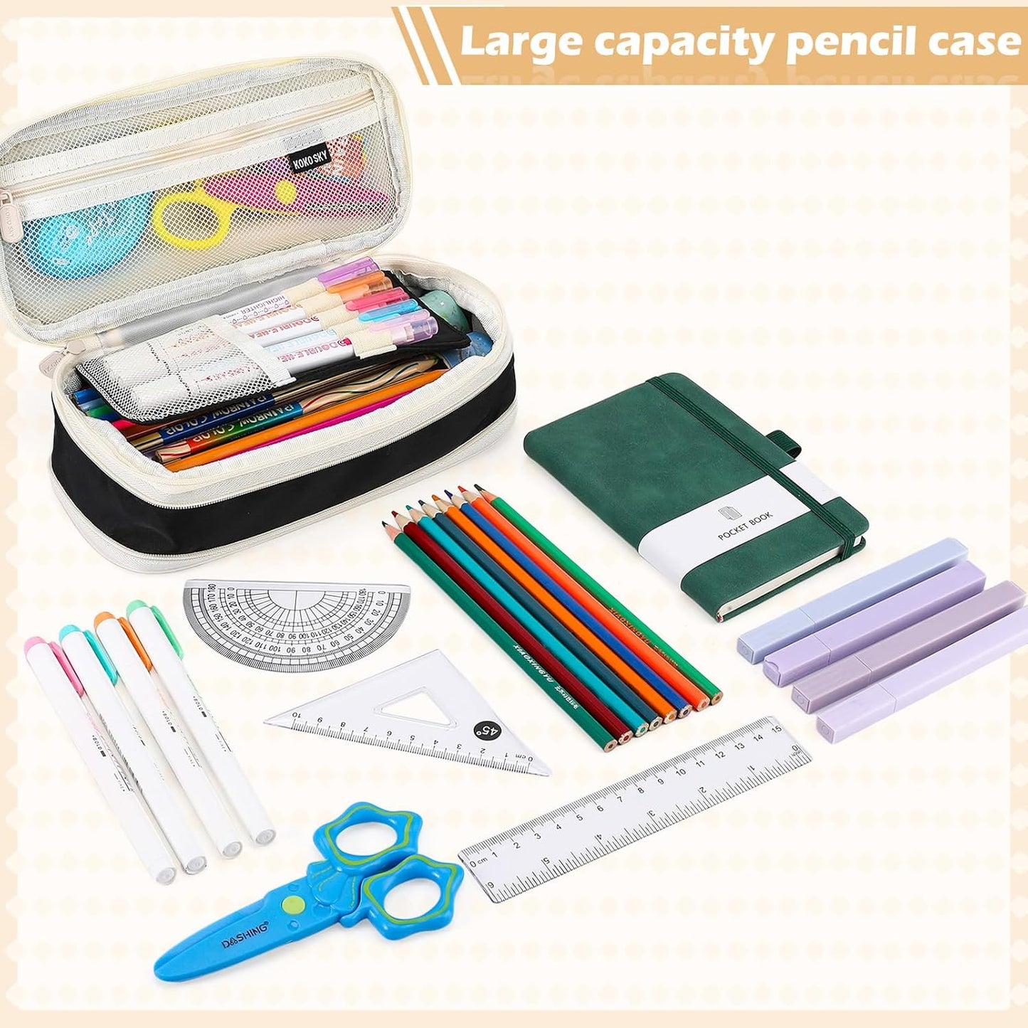 Large Capacity Pencil Case with Compartments, Aesthetic Pencil Pouch with Double Zipper Cute Pen Pouch for Students, Adults Teens, Back to School Supplies Office, Home Use