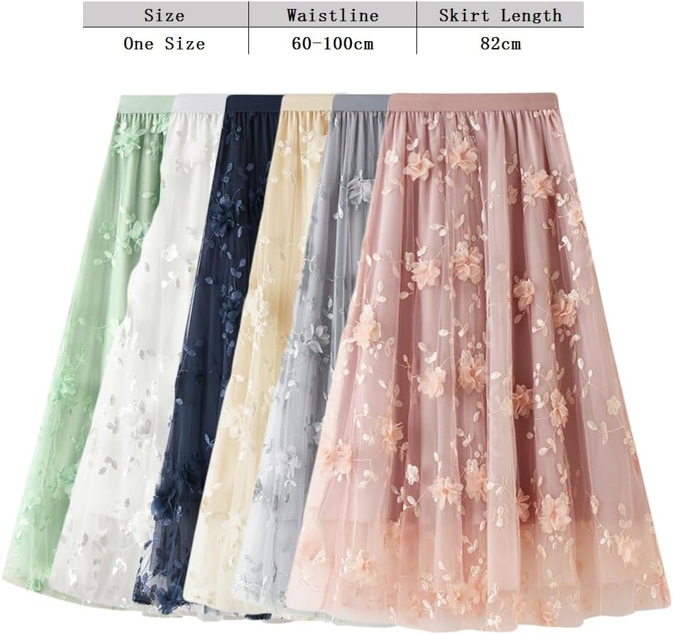 Women's Tutu Tulle Skirt Elastic High Waist Layered Midi Skirt Lace Embroidery Asymmetrical A-Line Skirt