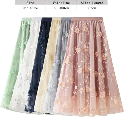 Women's Tutu Tulle Skirt Elastic High Waist Layered Midi Skirt Lace Embroidery Asymmetrical A-Line Skirt