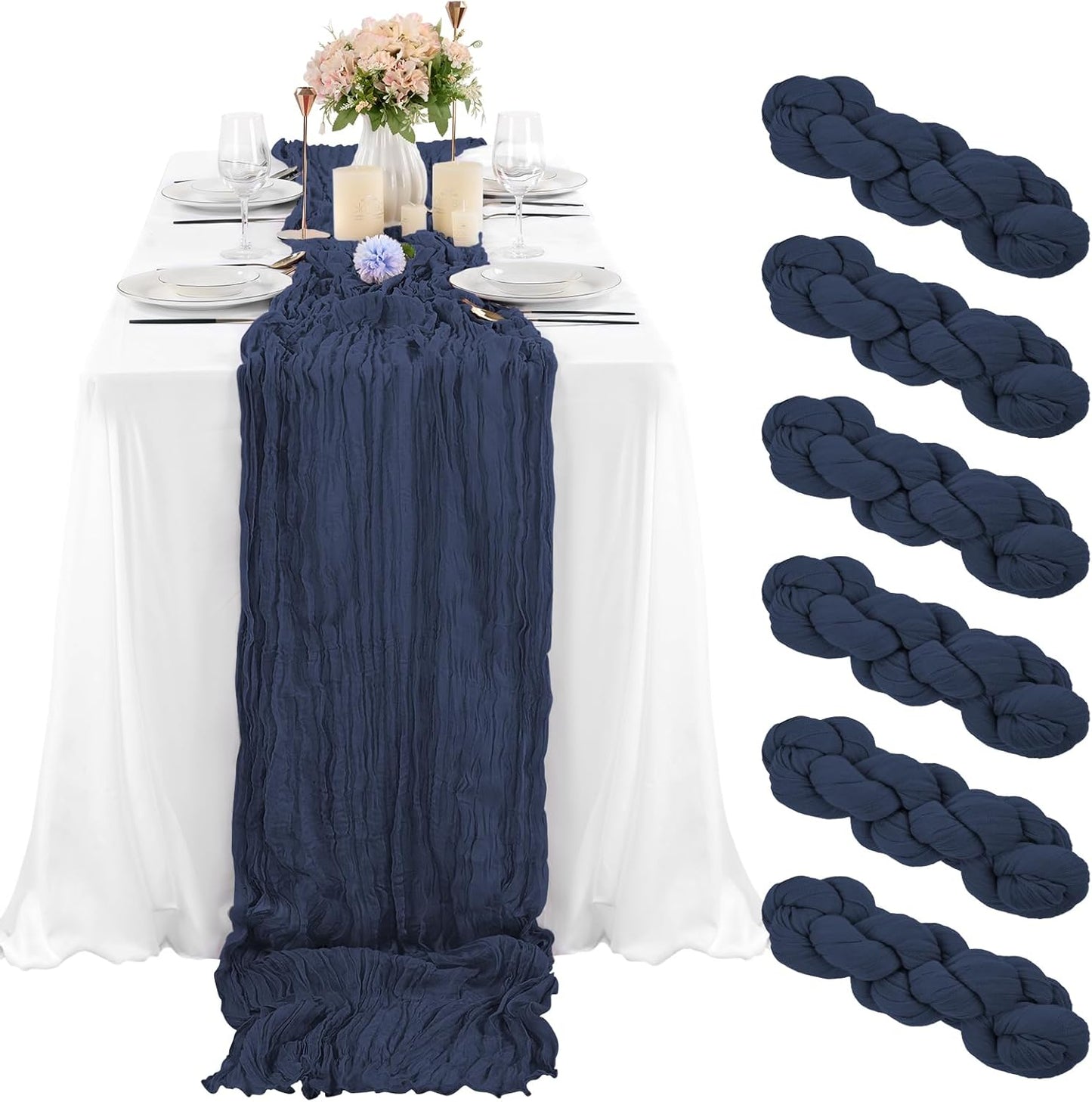 6 Pcs Navy Blue Cheesecloth Table Runner 10FT, Gauze Table Runner for Wedding Reception Sheer Bridal Shower Birthday Party Boho Table Decoration, Rustic Romantic Wedding Runner