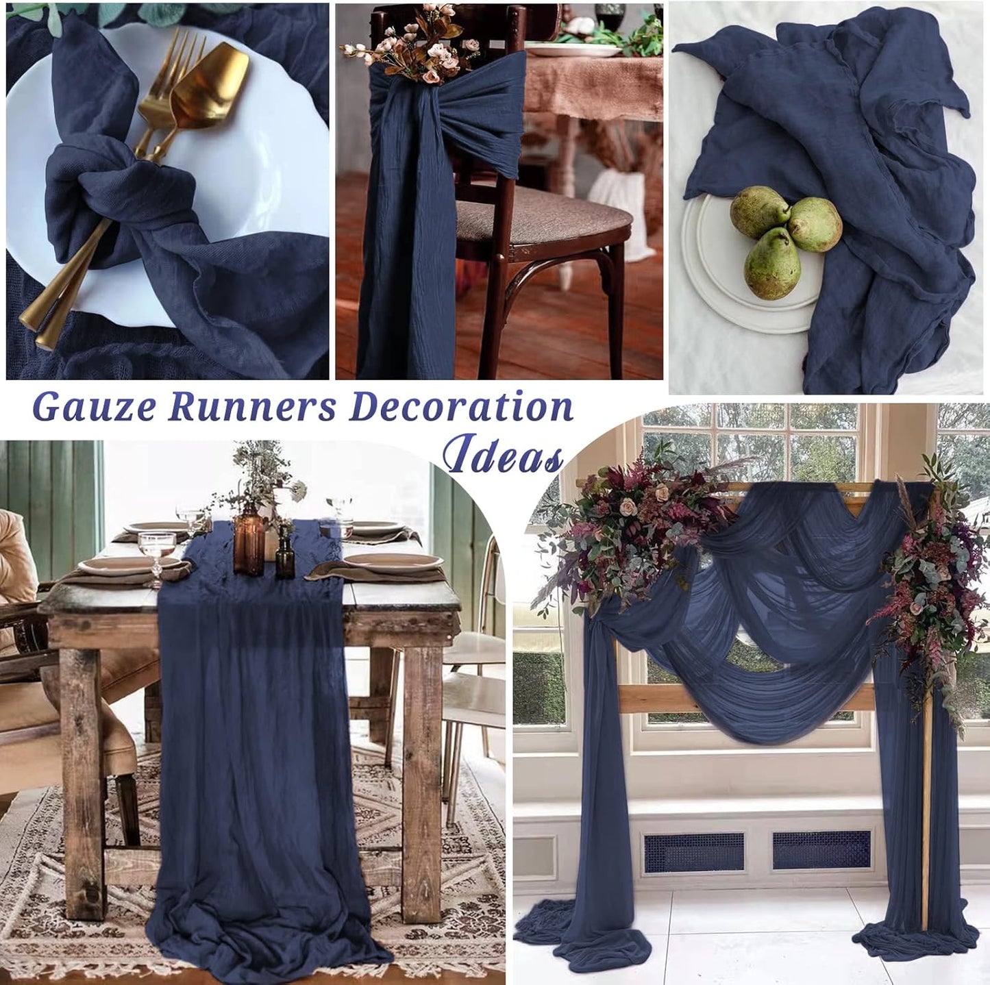 6 Pcs Navy Blue Cheesecloth Table Runner 10FT, Gauze Table Runner for Wedding Reception Sheer Bridal Shower Birthday Party Boho Table Decoration, Rustic Romantic Wedding Runner