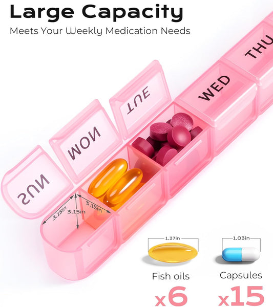 Weekly Pill Organizer, Large 7 Day Pill Box, Travel Pill Case, Daily Pill Dispenser for Vitamins, Medicines, Supplements, and Fish Oil(Pink)