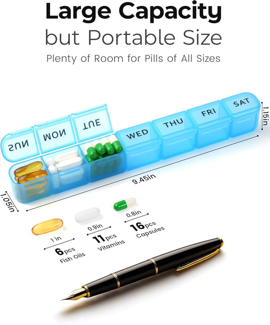 2 Pack Weekly Pill Organizer, Large 7 Day Pill Box, BPA-Free Travel Medicine Case, Easy Open & Secure Close, Portable Pill Holder for Vitamins, Supplements & Medications - Blue&Purple