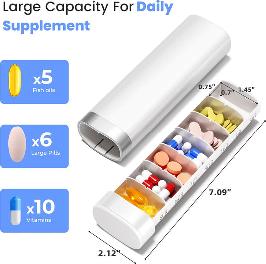 7-Day Pill Organizer, Travel Pill Case with Easy-to-Use Design, Large-Capacity Vitamin Box, Portable Drawer Medication Organizer for Once-a-Day Vitamins, Pills, and Supplements (White)