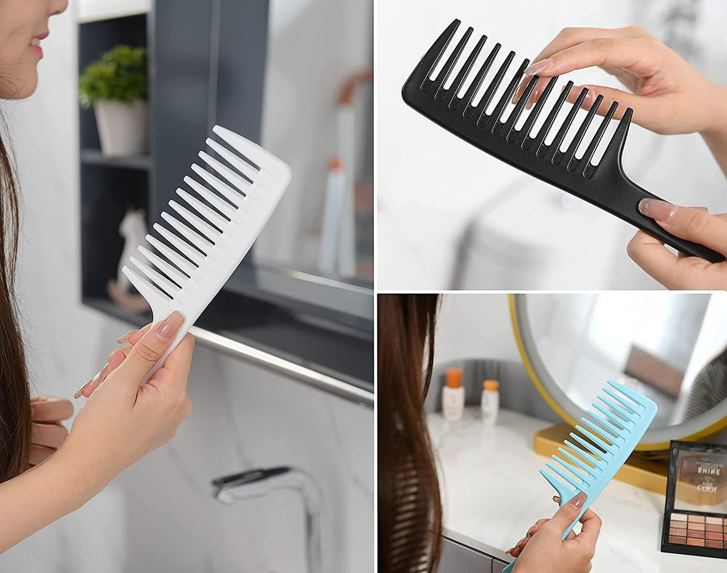3 Pcs Wide Tooth Comb, Detangler Hair Comb for Women Shower Wet Dry Curly Long Thick Hair (Blue White Black)