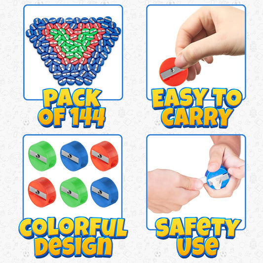 Pencil Sharpeners in Bulk - Pack of 144 Pocket Sized Mini Handheld Pencil Sharpener for Kids, Plastic and Colorful for Party Favors, Goodie Bags, Classroom Prizes and School Supplies by