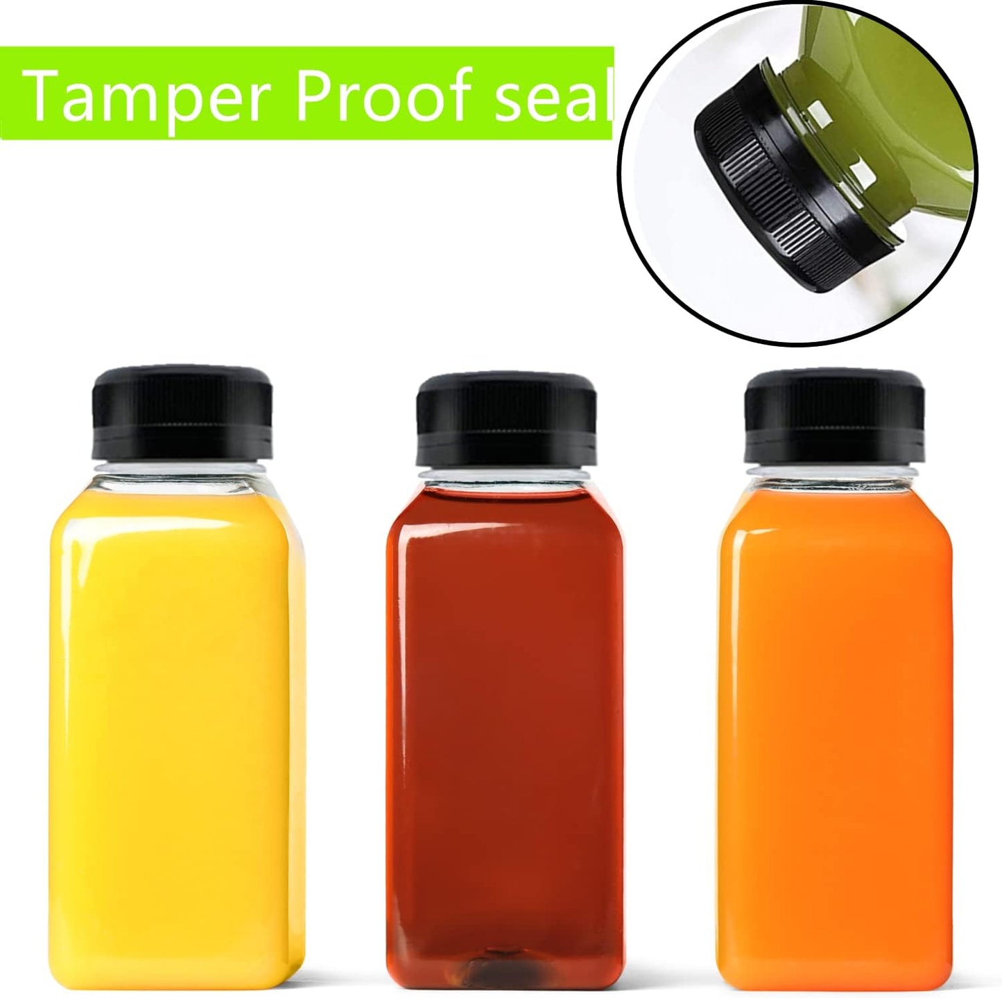 10 Pack Empty Plastic Juice Bottles, 8 Ounce Beverage Container Bottle with Black Tamper Evident Lid, Suitable for Juice, Smoothie and Homemade Beverages