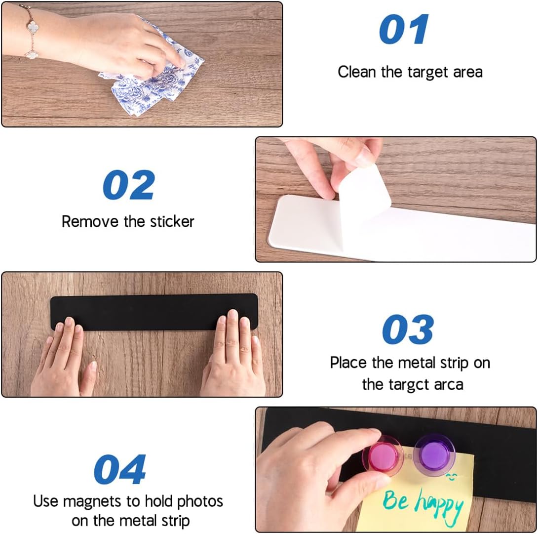 Magnetic Bulletin Board 6PCS Frameless Iron Board Strips Memo Board Bar Adhesive Backing Stainless Whiteboard Strips with 20PCS Magnet for Classroom Office Kitchen