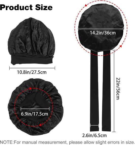 2PCS Silk Bonnet for Sleeping Women, Satin Bonnet Night Sleep Hair Cap for Curly Hair with Tie Band (Black+Purple)