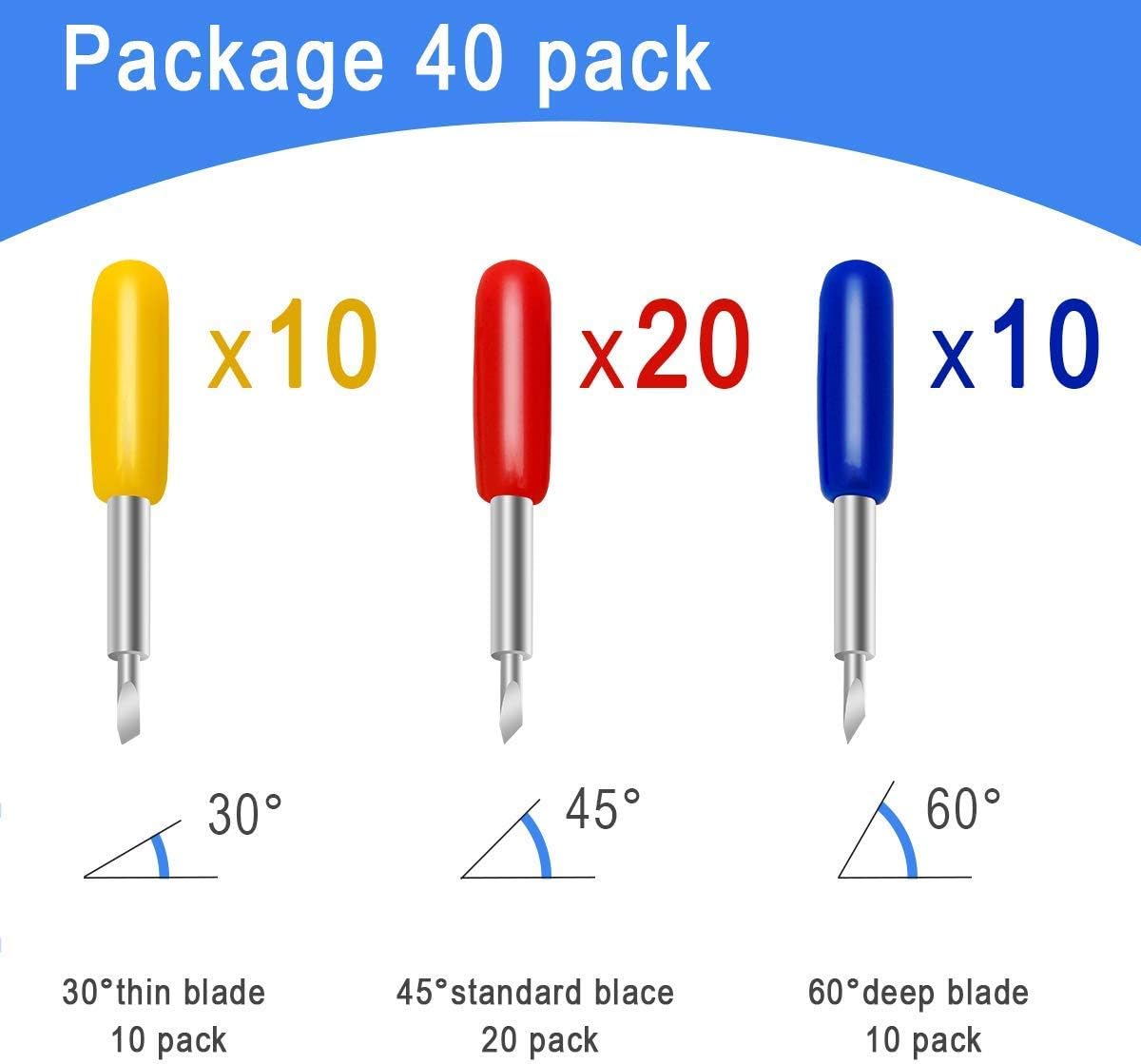 40PCS Replacement Blades for Explore Air/Air 2 Vinyl Cutting Machines, 20PCS 45° Standard + 10PCS 30° + 10PCS 60° Deep Cut Vinyl Fabric Cutting Blades Replacements