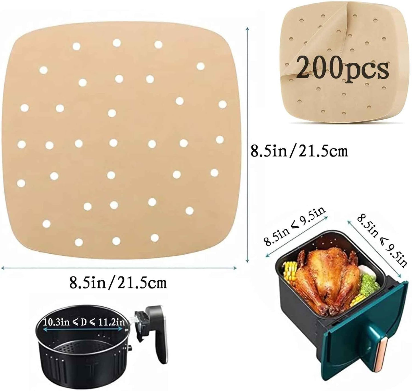 Air Fryer Parchment Paper Liners 8.5 inch, 200Pcs Perforated Air Fryer Liners Non Stick Square Air Fryer Paper for Cake Pan Basket Baking Ovening Steaming