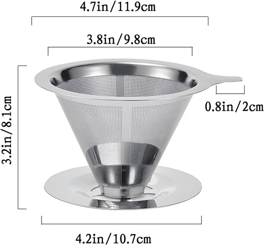 Pour Over Coffee Dripper, Reusable Stainless Steel Pour Over Coffee Filter Paperless Permanent Coffee Strainer for 1-4 Cup with Base