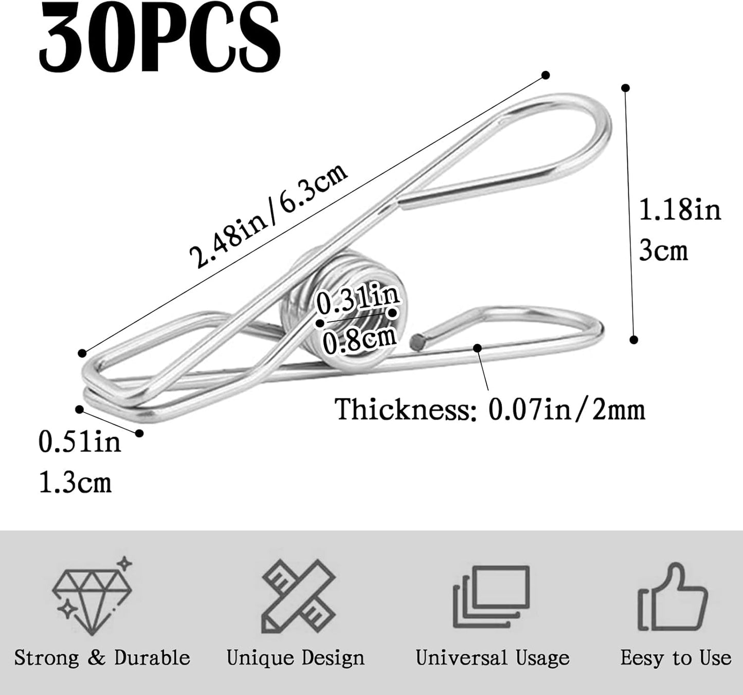 30 PCS Clothes Pins for Laundry Clips, 2.5 Inch Stainless Steel Clothespins for Outdoor, Clothes, Food Sealing and Photo