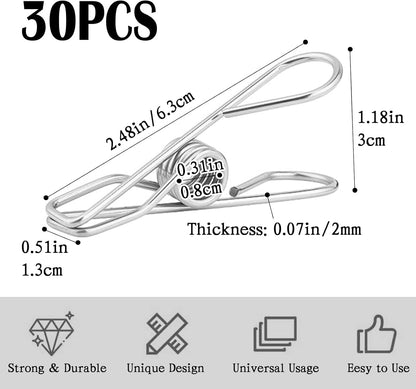 30 PCS Clothes Pins for Laundry Clips, 2.5 Inch Stainless Steel Clothespins for Outdoor, Clothes, Food Sealing and Photo