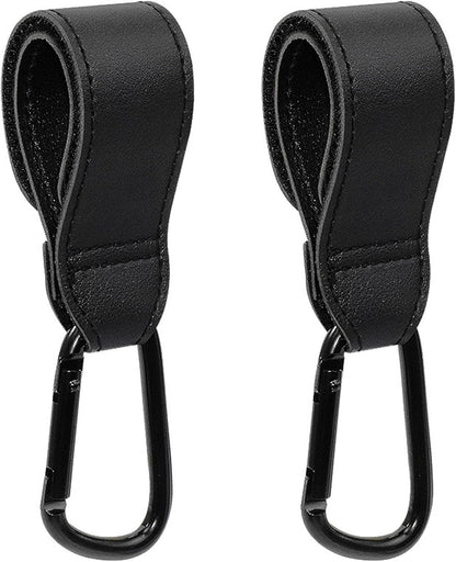 Baby Stroller Hooks, 2 PCS Leather Heavy Duty Mommy Hook with Adjustable Strap for Hanging Diaper Bag, Stroller Organizer, Groceries on Buggy Pushchair (Black)