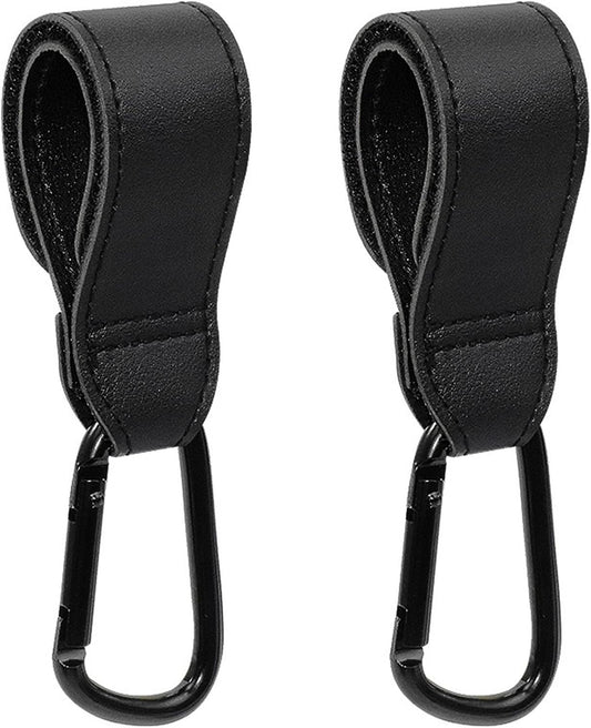 Baby Stroller Hooks, 2 PCS Leather Heavy Duty Mommy Hook with Adjustable Strap for Hanging Diaper Bag, Stroller Organizer, Groceries on Buggy Pushchair (Black)
