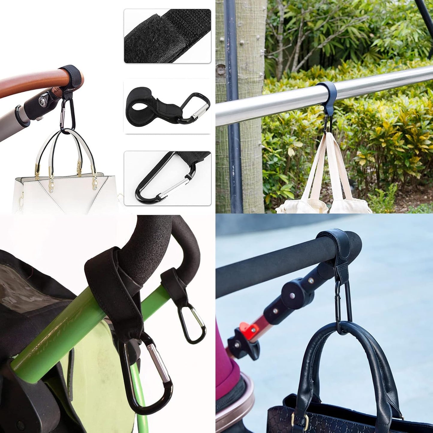 Baby Stroller Hooks, 2 PCS Leather Heavy Duty Mommy Hook with Adjustable Strap for Hanging Diaper Bag, Stroller Organizer, Groceries on Buggy Pushchair (Black)