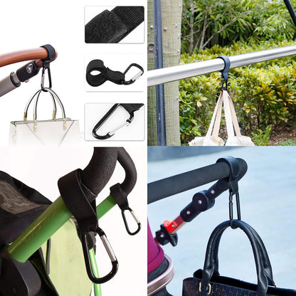 Baby Stroller Hooks, 2 PCS Leather Heavy Duty Mommy Hook with Adjustable Strap for Hanging Diaper Bag, Stroller Organizer, Groceries on Buggy Pushchair (Black)