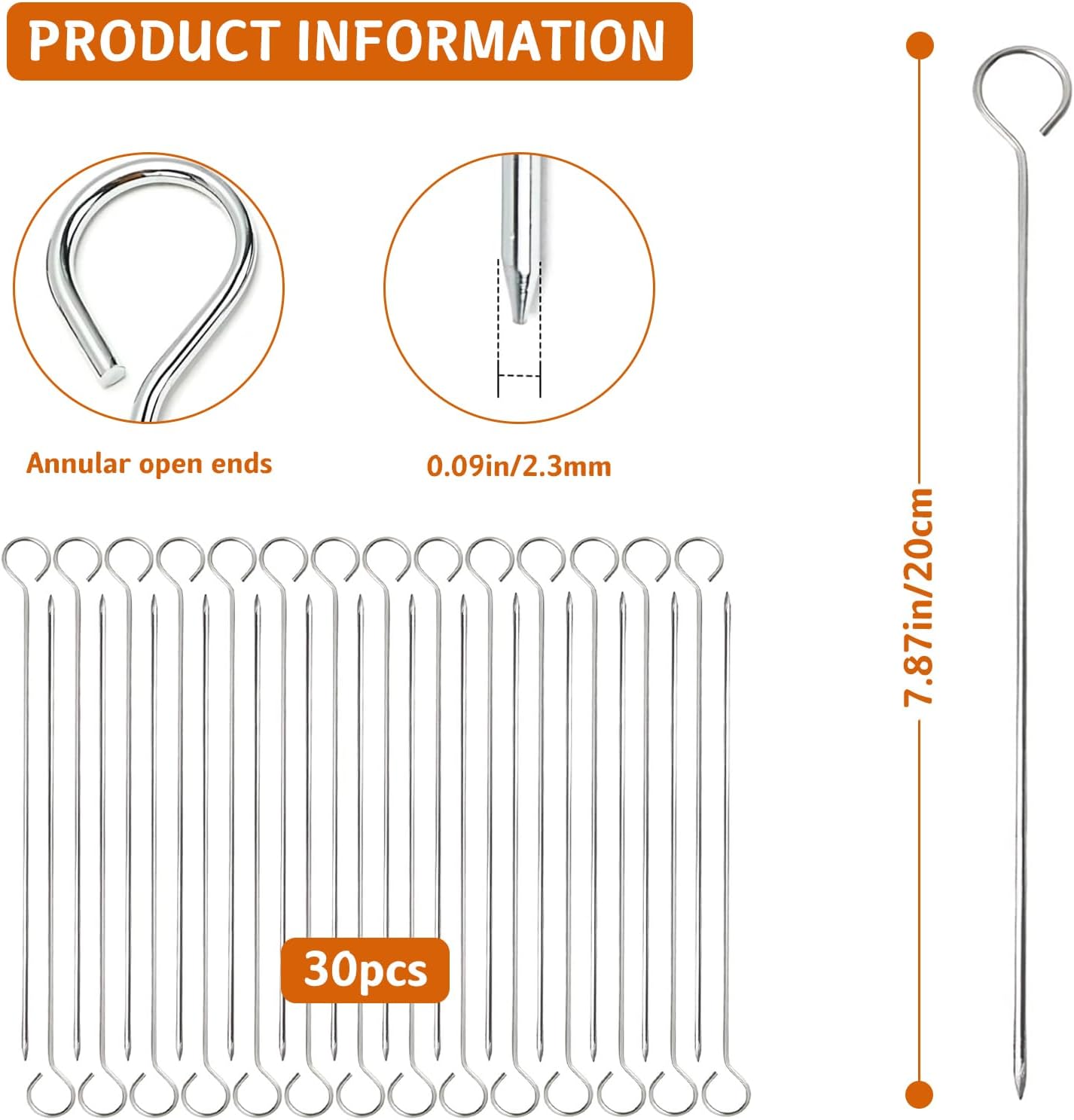30 Pcs Kebab Skewers, 7.9 Inch Stainless Steel Barbeque Skewers with Ring-Tip Handle, Reusable BBQ Grilling Kabob Skewer for Chicken, Fruit, Vegetable, Meat
