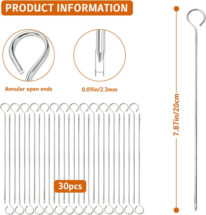30 Pcs Kebab Skewers, 7.9 Inch Stainless Steel Barbeque Skewers with Ring-Tip Handle, Reusable BBQ Grilling Kabob Skewer for Chicken, Fruit, Vegetable, Meat