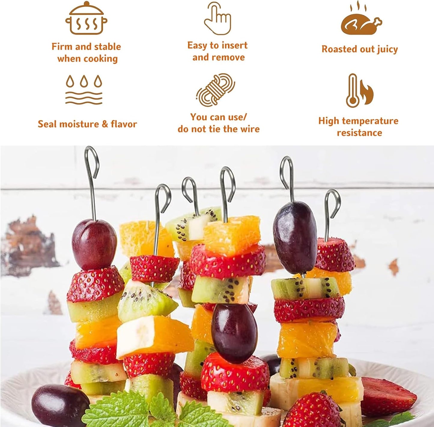 30 Pcs Kebab Skewers, 7.9 Inch Stainless Steel Barbeque Skewers with Ring-Tip Handle, Reusable BBQ Grilling Kabob Skewer for Chicken, Fruit, Vegetable, Meat