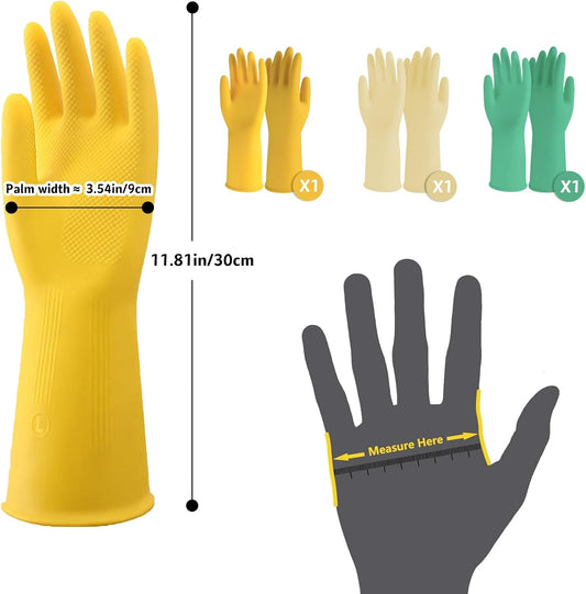 3 Pairs Rubber Cleaning Gloves for Household, Reusable Extra Thick Dishwashing Gloves Waterproof Non-Slip Gloves for Kitchen (Large, Beige+Yellow+Green）